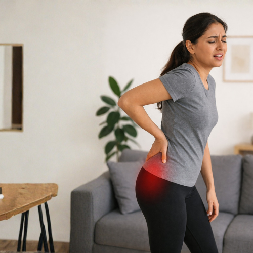 Woman standing in a living room while holding her hip and lower back due to pain and discomfort during movement.